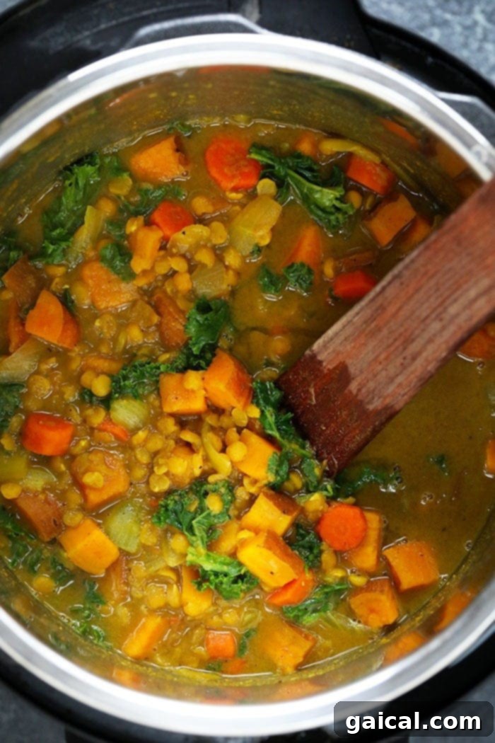 Effortless Instant Pot Curry Delights 4 The Instant Pot containing the sweet potato, lentil, and kale curry before final stirring.