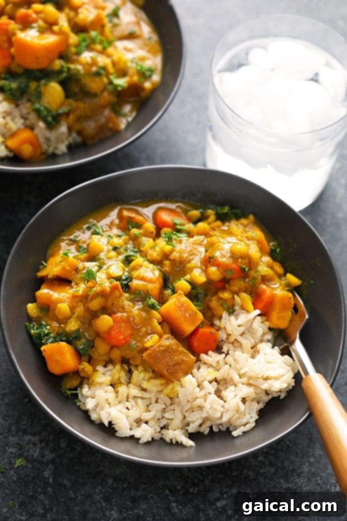 Effortless Instant Pot Curry Delights 5 A bowl of Instant Pot Sweet Potato Curry served over fluffy brown rice, garnished for a perfect meal.