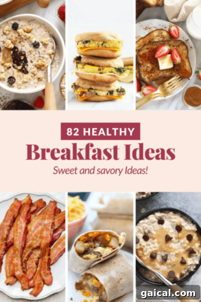 Assorted healthy breakfast ideas including oats, eggs, and smoothies