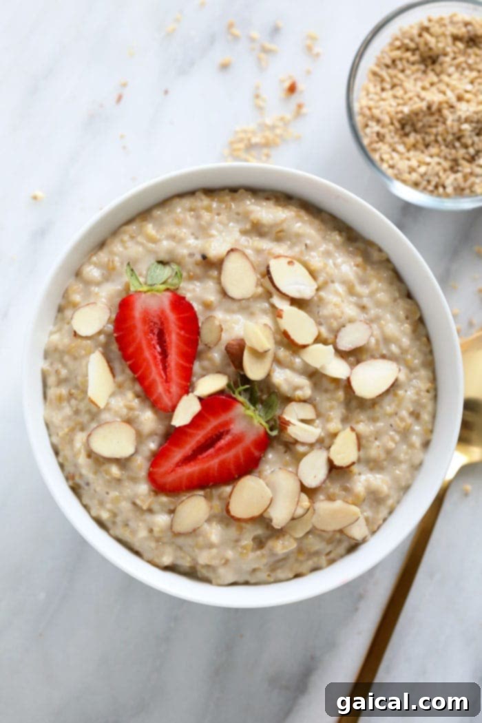 Steel cut oats in a bowl, topped with fresh fruit