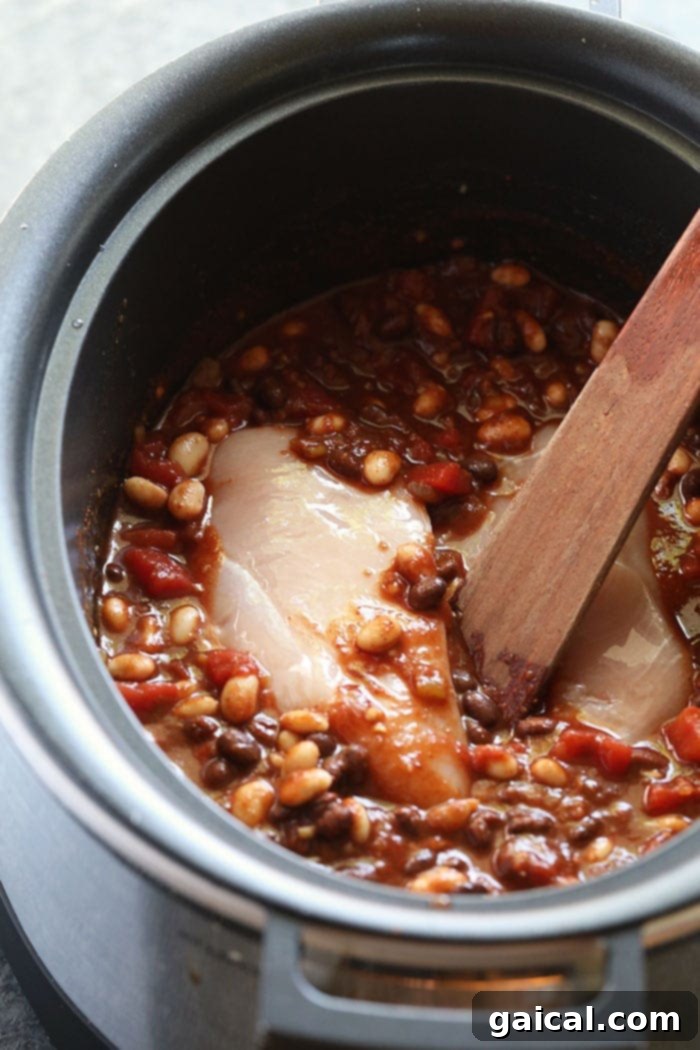 Hearty Chicken Chili: A delicious, hands-off meal. Overhead shot of rich, red chicken chili simmering in a slow cooker, with steam rising and a wooden spoon ready to serve.