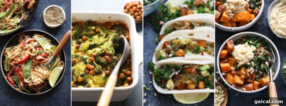 Collage showcasing four diverse vegan meal prep ideas, highlighting the versatility of staple ingredients.