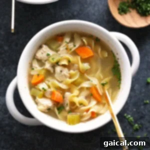 A bowl of slow cooker chicken noodle soup, garnished with fresh herbs.