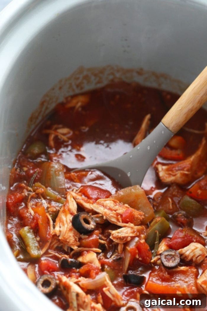 Flavorful chicken cacciatore slow cooker meal ready for dinner.