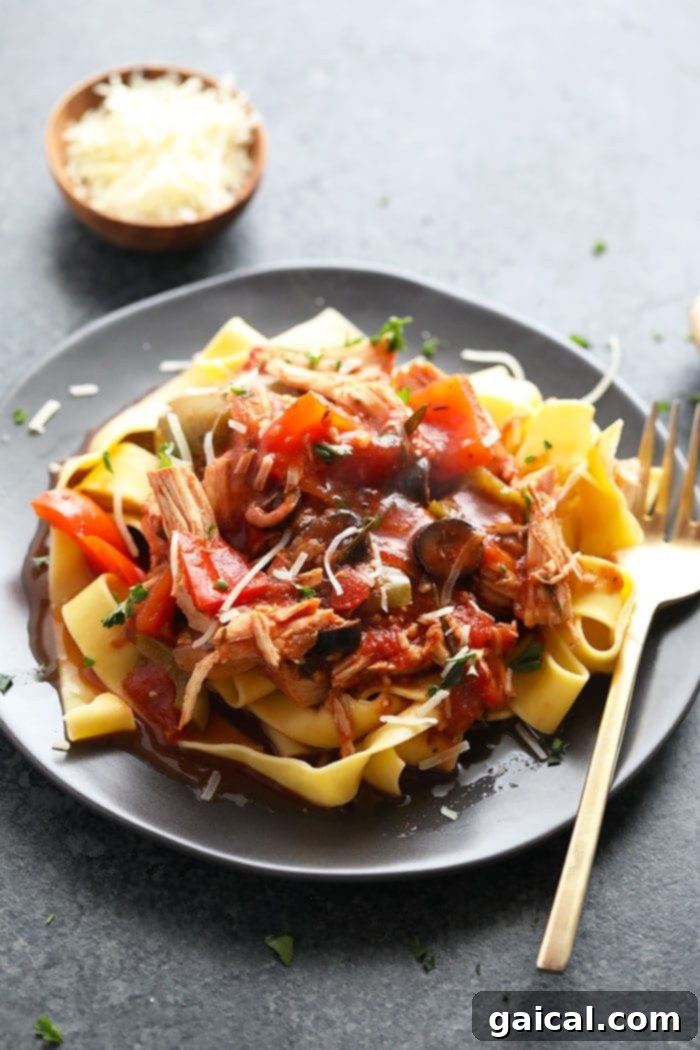 Plated slow cooker chicken cacciatore with pasta, ready to be served.