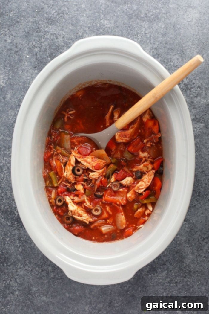 Finished slow cooker chicken cacciatore in the crock pot, ready to serve.