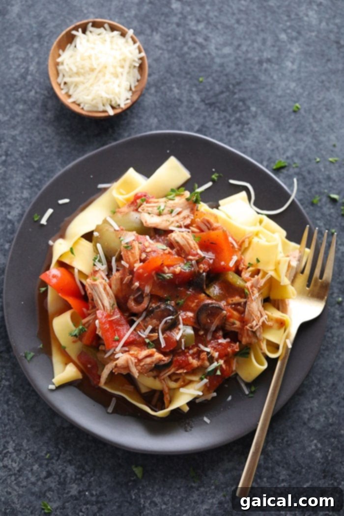 Close-up of tender slow cooker chicken cacciatore with vegetables.