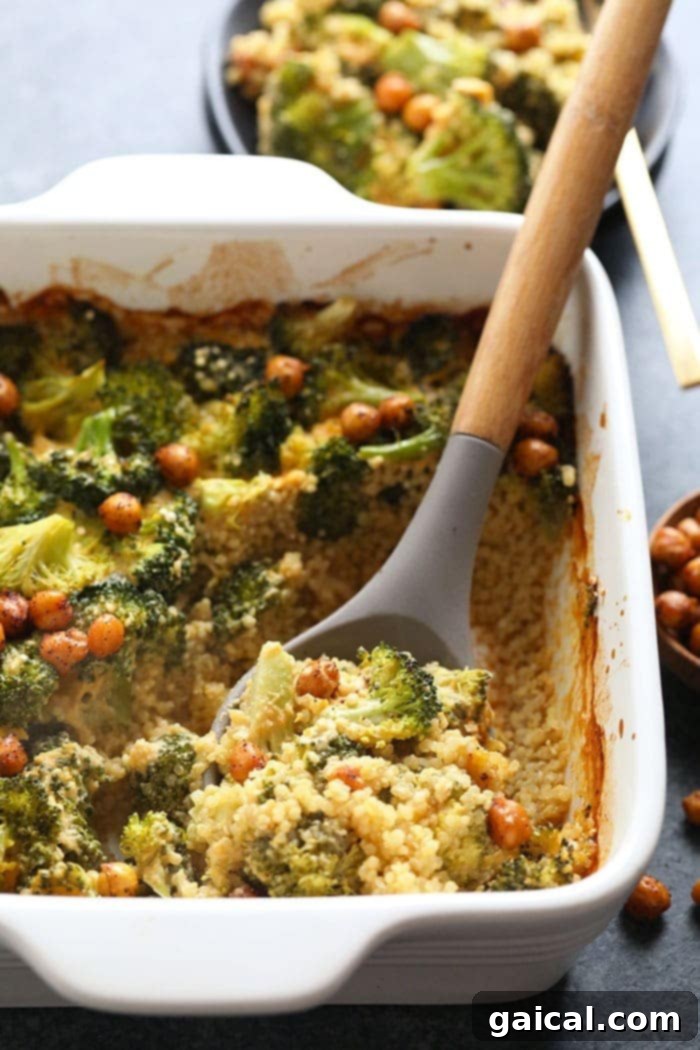 Plant-Based Cheesy Broccoli Bake 5 The full healthy vegan broccoli and cheese casserole in a rustic baking dish