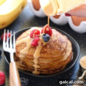 Photo of a stack of healthy peanut flour pancakes