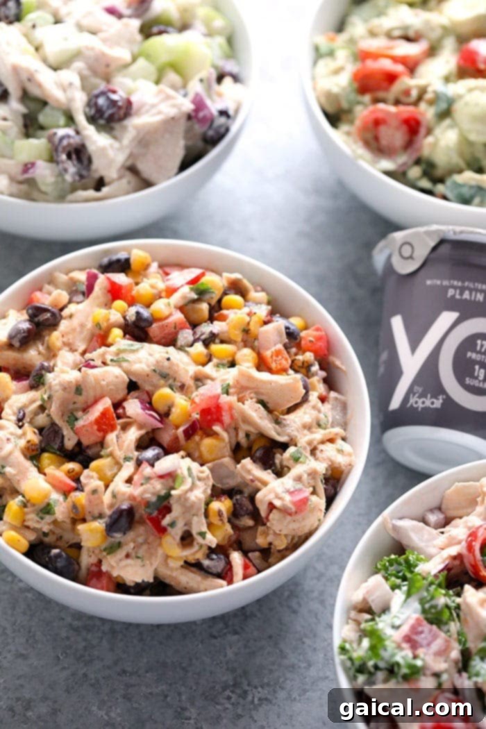 Explore 5 delicious, healthy chicken salad recipes, all crafted with a Greek yogurt base and excellent for meal prep. From zesty Southwest to sweet Cranberry Apple, you are going to love these flavorful variations! Collection of healthy chicken salad recipes in bowls and jars