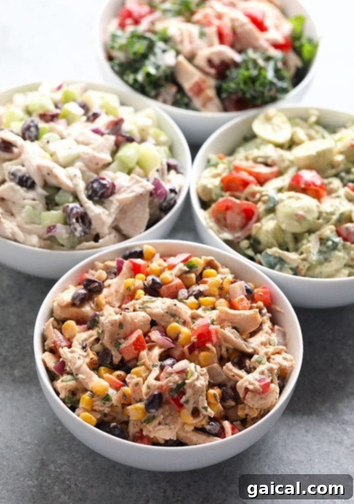 Discover 5 healthy chicken salad recipes, perfect for versatile meal prep, each featuring a delicious Greek yogurt base and various delightful add-ins. A vibrant spread of 5 healthy chicken salad recipes, each uniquely prepared and presented
