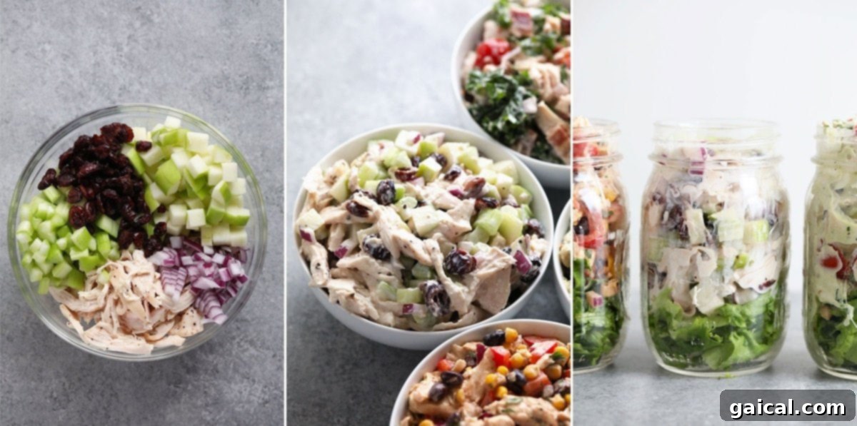Our Cranberry Apple Chicken Salad is a healthy twist on a classic, crafted with a delicious Greek yogurt sauce, natural honey, and fresh lemon juice for a bright, balanced flavor. Close-up of Cranberry Apple Chicken Salad in a bowl
