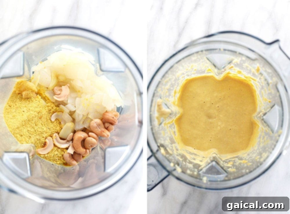 Creamy cashew-based white wine sauce being blended smoothly in a high-speed food processor, illustrating the creation of the rich vegan sauce.