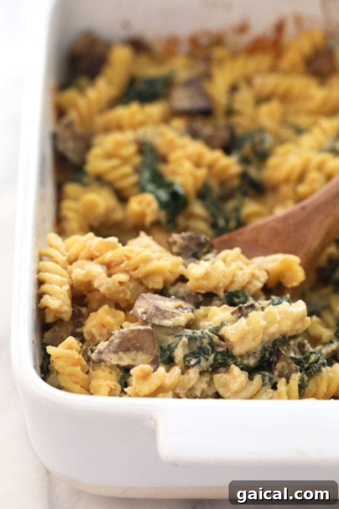 A large serving of creamy vegan pasta bake with white wine cashew sauce in a cozy white bowl, garnished with fresh basil leaves, ready to be enjoyed.