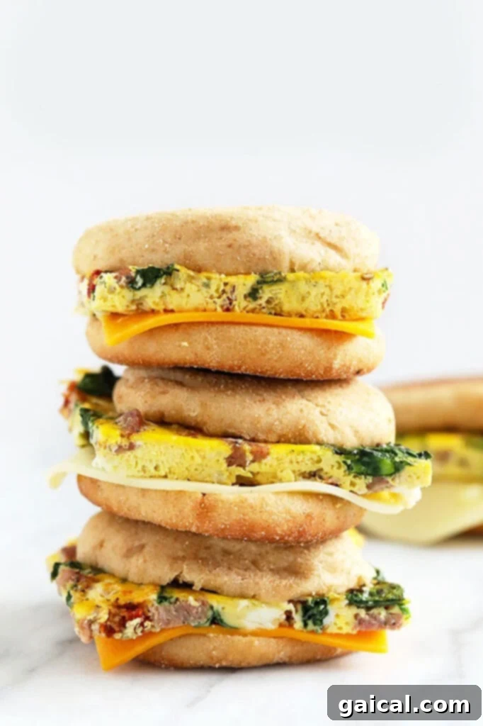 Stacked freezer breakfast sandwiches with homemade egg patties on English muffins.