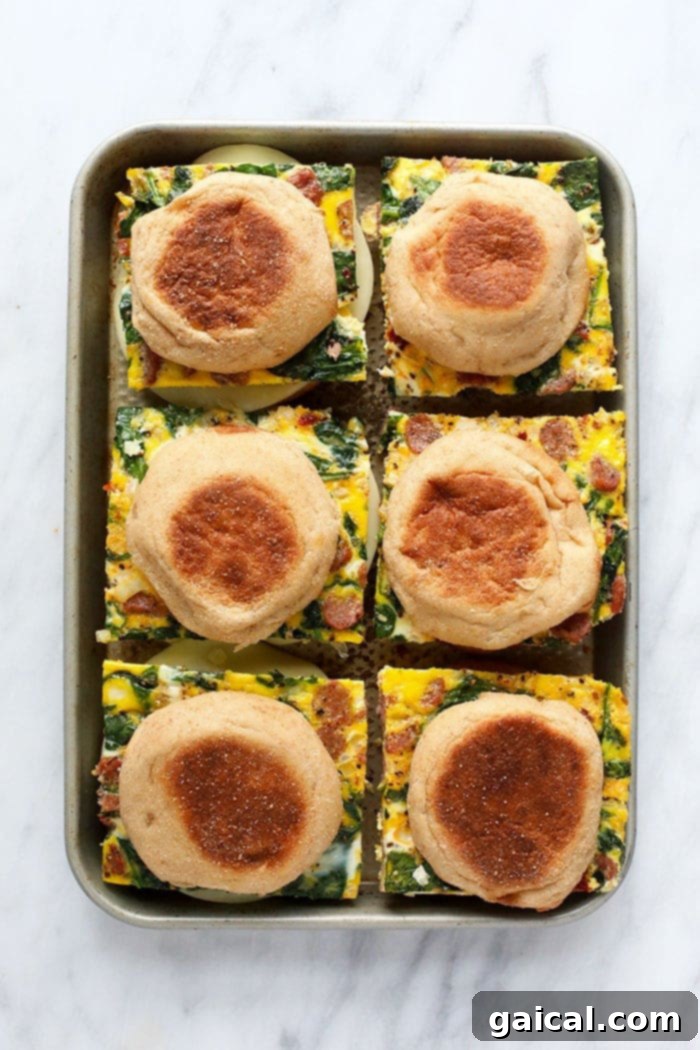 Wrapped freezer breakfast sandwiches on a sheet pan, ready for the freezer.