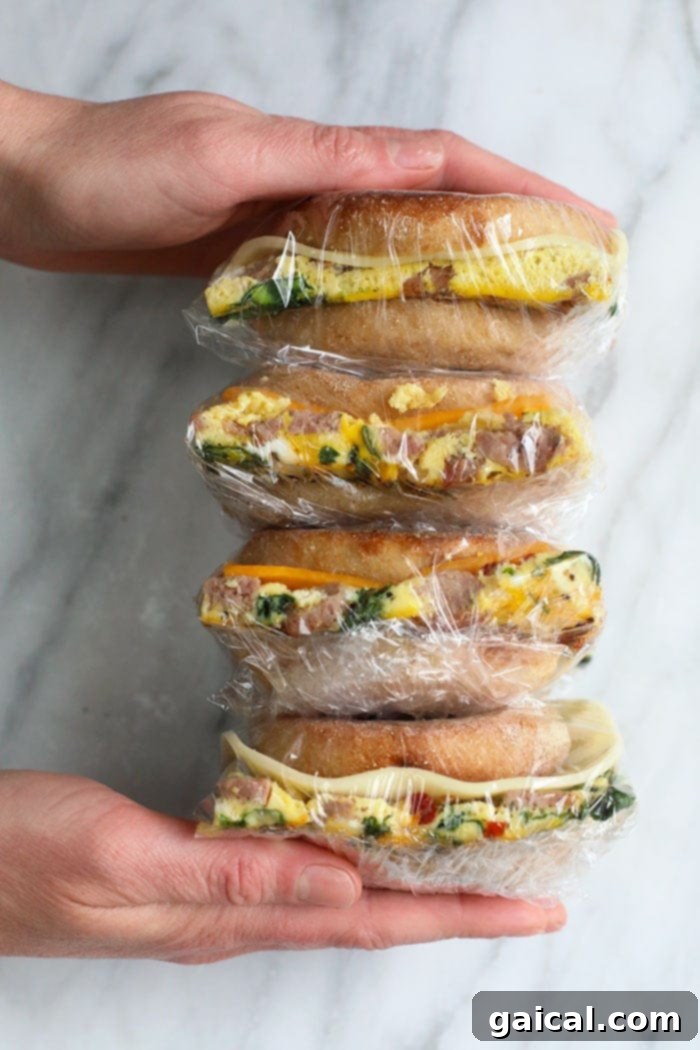 Individually wrapped freezer breakfast sandwiches in plastic wrap, ready for foil wrapping.