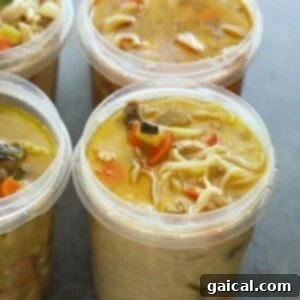 Instant Pot Deconstructed Stuffed Pepper Soup 2 Homemade soup stored neatly in a transparent freezer-safe storage container, ready for freezing, illustrating proper food preservation techniques.