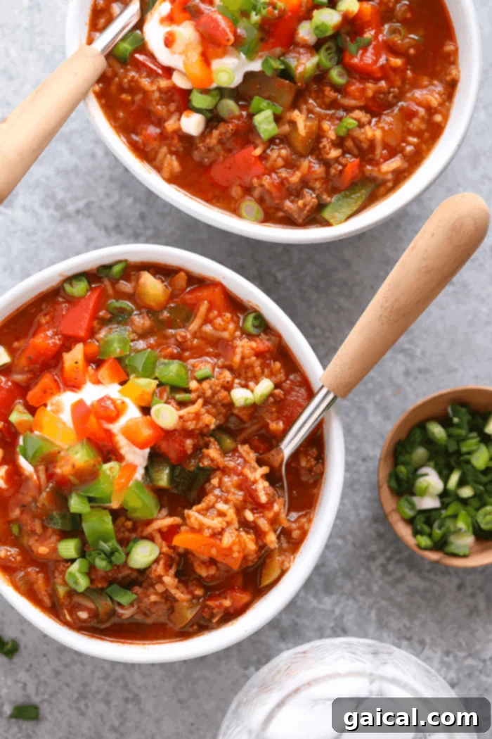 A comforting and perfectly garnished bowl of Instant Pot Stuffed Pepper Soup. A close-up shot of a steaming bowl of Instant Pot Stuffed Pepper Soup, beautifully garnished with fresh green onions and a dollop of creamy sour cream, showcasing its rich texture and appealing presentation, ready to be enjoyed.