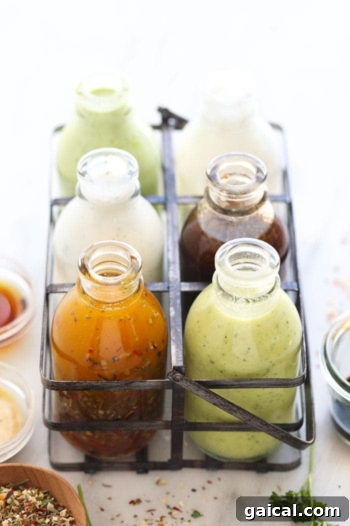 6 salad dressing recipes in a storage container A collection of six different homemade salad dressing recipes in various glass storage containers.