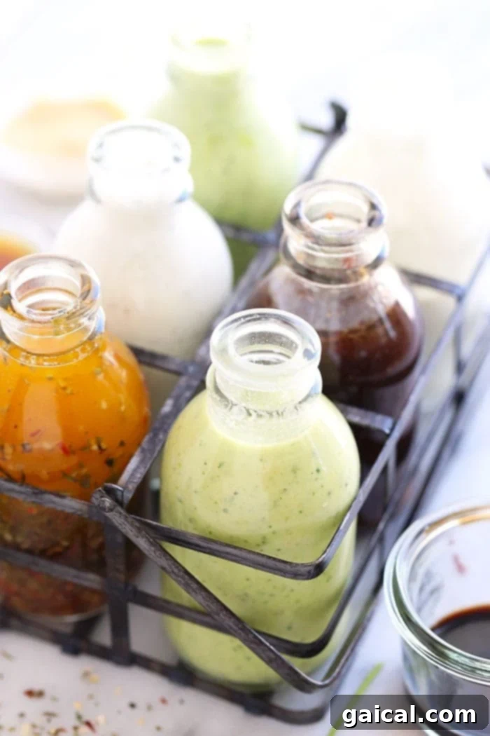 salad dressing recipes in a storage container Several homemade salad dressing recipes presented in storage containers, ready for use.