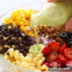 Fiesta Taco Pasta Salad 2 Delicious and healthy Taco Pasta Salad in a serving bowl