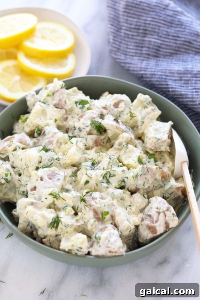 A large ceramic bowl filled with freshly prepared vegan potato salad, garnished with extra fresh dill and chives, ready to be served.