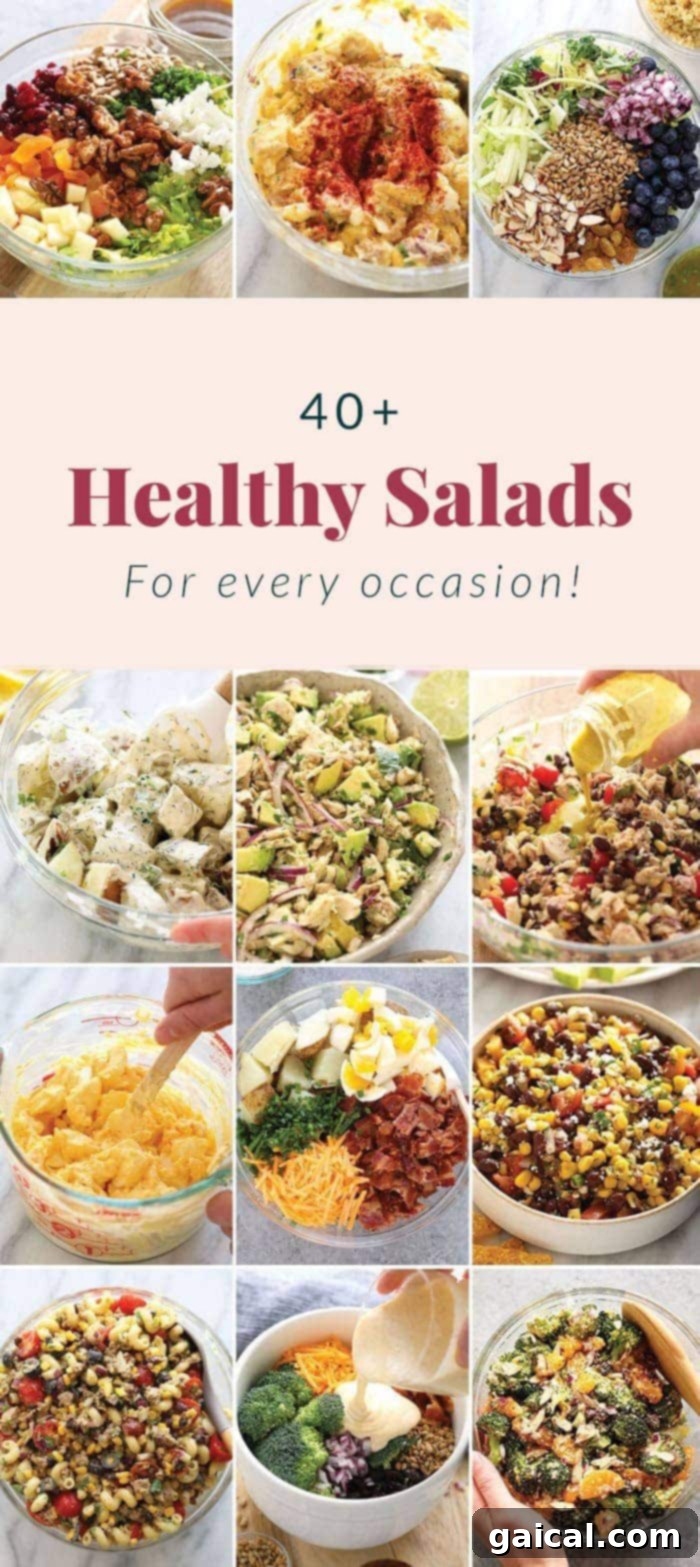 Get your vegetables in and make one of these healthy salad recipes for lunch or dinner this week! A vibrant assortment of healthy salads displayed in bowls, showcasing fresh vegetables and appealing colors.