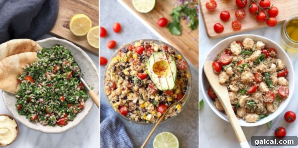 These quinoa salad recipes are protein AND veggie packed! Make one today! A captivating collage showcasing three delectable quinoa salad variations: a fresh quinoa tabouli, a vibrant Mexican quinoa salad, and a classic Caprese quinoa salad.