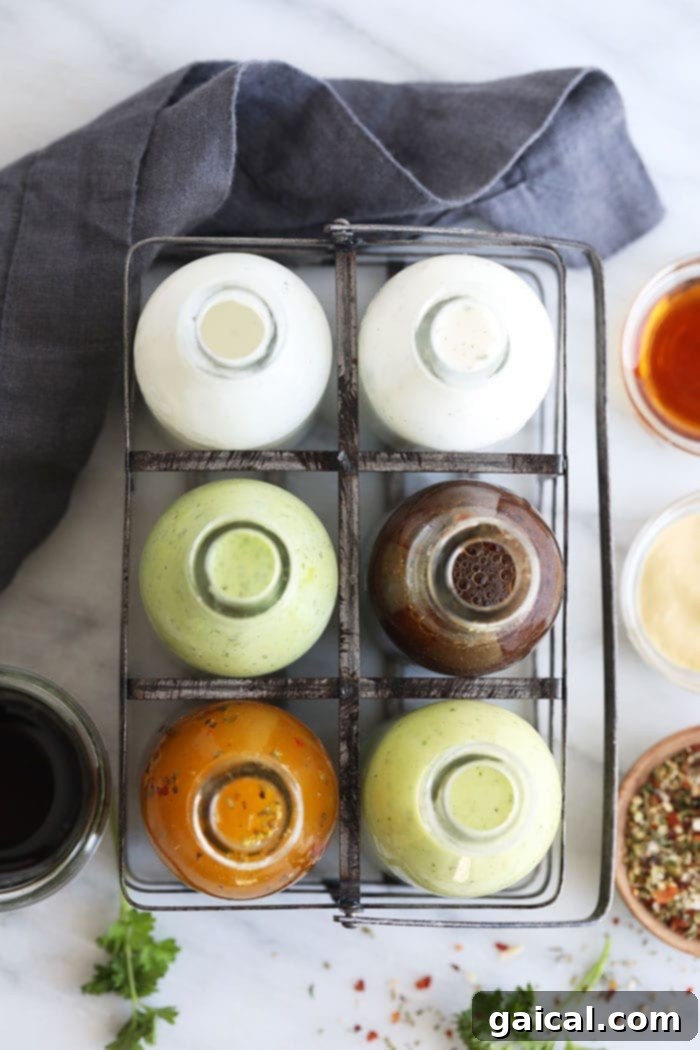 Healthy salad dressing is one of the most important elements of a salad! Make one if these healthy salad dressing recipes for the week! A stylish glass bottle filled with a golden healthy salad dressing, poised beside a fresh salad.