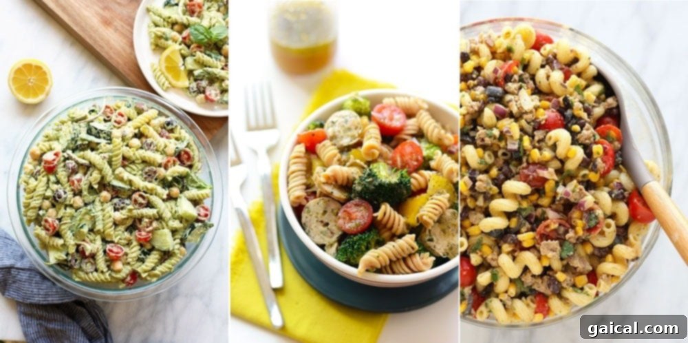 Pasta salad recipes are the perfect recipes to feed a crowd! A trio of mouth-watering pasta salad recipes: a vibrant pesto pasta salad, a hearty sausage pasta salad, and a flavorful taco pasta salad.