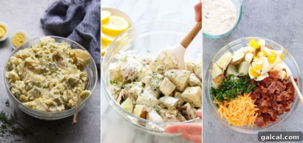 These potato salad recipes are three of our favorite bbq side dishes! A collage displaying three popular potato salad recipes: a speedy Instant Pot potato salad, a delicious vegan potato salad, and a loaded baked potato salad.