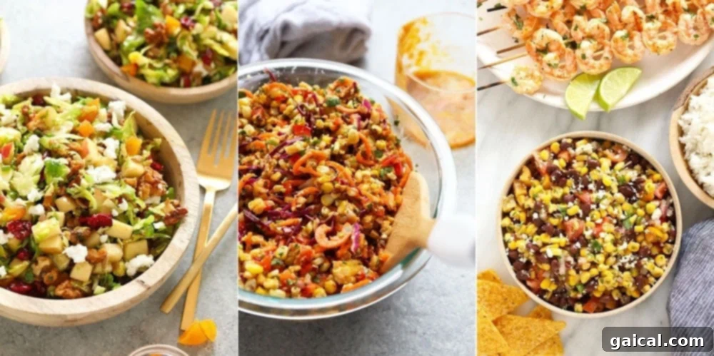No greens, no problem! These veggie based salads are delicious and the perfect way to get your veggies in for the day! A tempting visual spread of three hearty vegetable-based salads: a crisp Brussels sprout salad, a vibrant Thai corn salad, and a fresh black bean and corn salad.