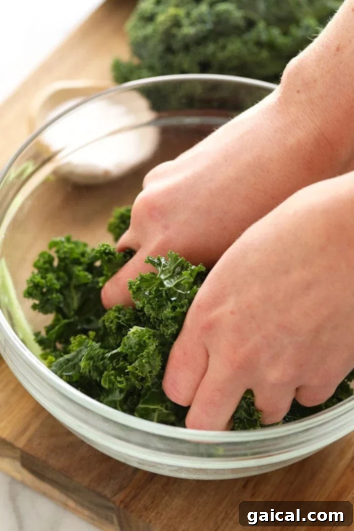 Massaged Kale Salads are all the rage right now. We love massaged kale salads, but how do you massage kale? Don't worry, we've got you covered with this super simple tutorial! Let's massage some kale- it's easier than you think. Two hands vigorously massaging kale in a bowl, demonstrating the technique for softening the leaves.