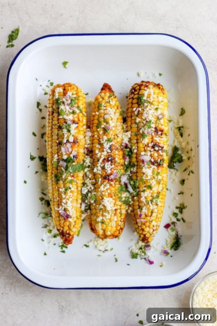 Our variation of Mexican street corn lightens things up with freshly grilled corn, fresh cilantro, cotija cheese, and delicious spices. grilled Mexican corn in tin.