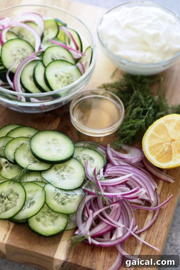 Fresh ingredients like dill, Greek yogurt, and lemon juice make this creamy cucumber salad light and flavorful. Ingredients for creamy cucumber salad laid out: cucumbers, red onion, apple cider vinegar, Greek yogurt, fresh dill, and lemon.