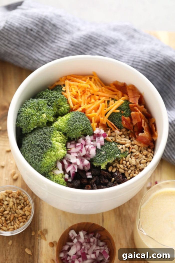 Fresh Ingredients for Healthy Broccoli Salad with Bacon Individual ingredients for a healthy broccoli salad with bacon in separate small bowls, showcasing fresh broccoli florets, shredded cheddar cheese, red onion, sunflower seeds, raisins, and cooked bacon pieces, ready to be combined.