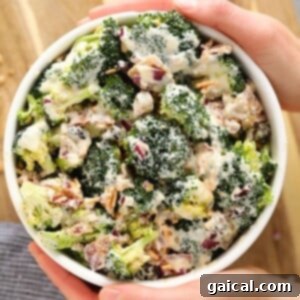 healthy broccoli salad with bacon in a small bowl
