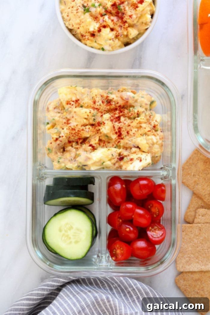 Hearty Tuna Egg Salad 6 Tuna egg salad portioned into a meal prep container with fresh vegetables, ideal for a healthy packed lunch.