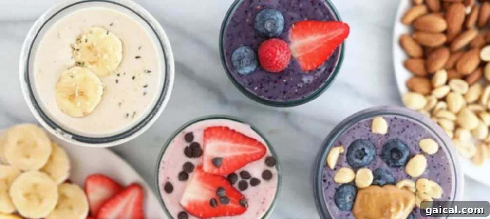 Nutrient-Rich Protein Elixir 7 A selection of colorful protein shakes displayed on a counter, ready for consumption.