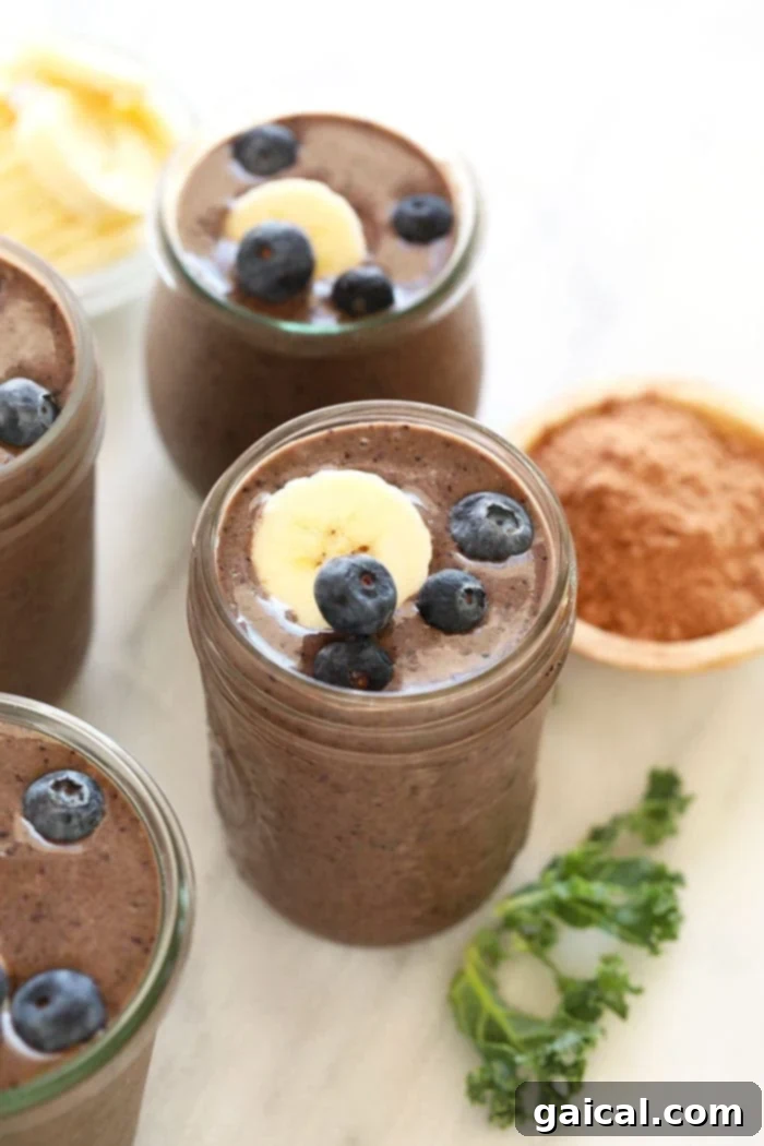 Nutrient-Rich Protein Elixir 5 A beautifully presented superfood protein smoothie in a glass, garnished and ready to drink.