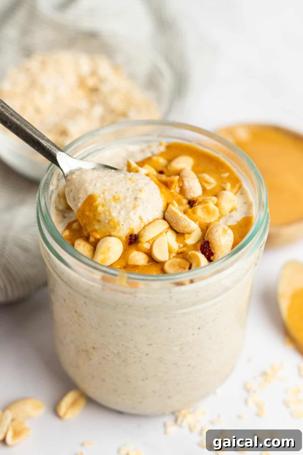 Delicious Peanut Butter Overnight Oats in a glass jar, ready for a healthy breakfast.