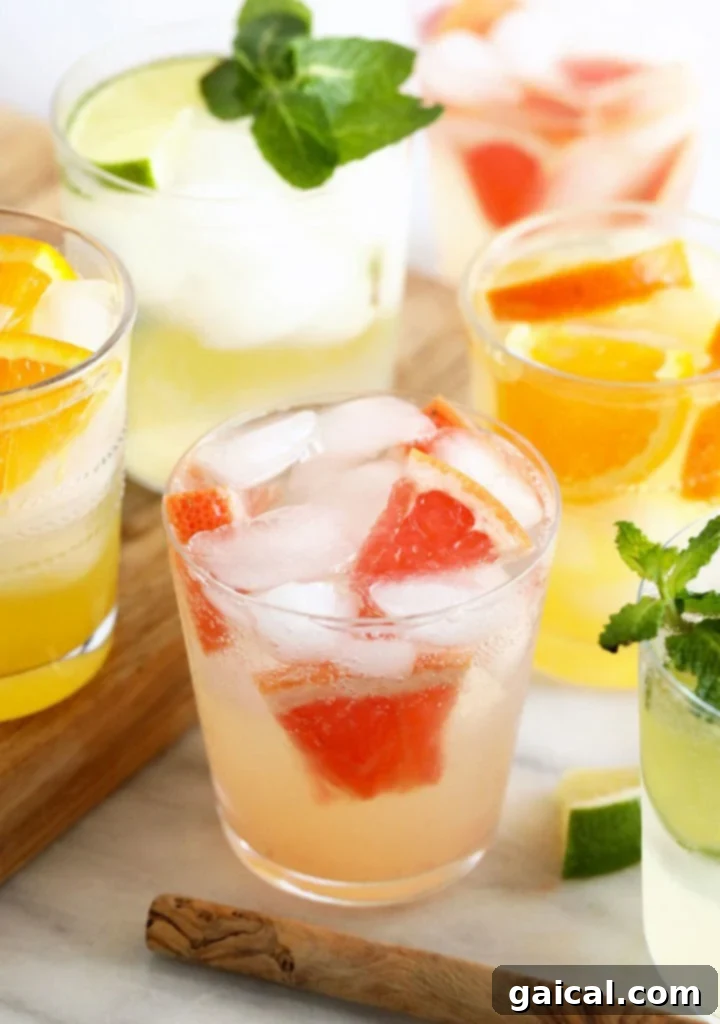 Over 15 Incredible Vodka Cocktail Recipes 9 A colorful array of homemade hard seltzer drinks with ice and fresh garnishes like mint and fruit slices, presented on a rustic cutting board.
