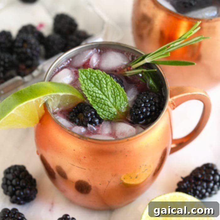 Over 15 Incredible Vodka Cocktail Recipes 4 An inviting Blackberry Moscow Mule in a copper mug, garnished with fresh blackberries and mint, ready to be enjoyed.