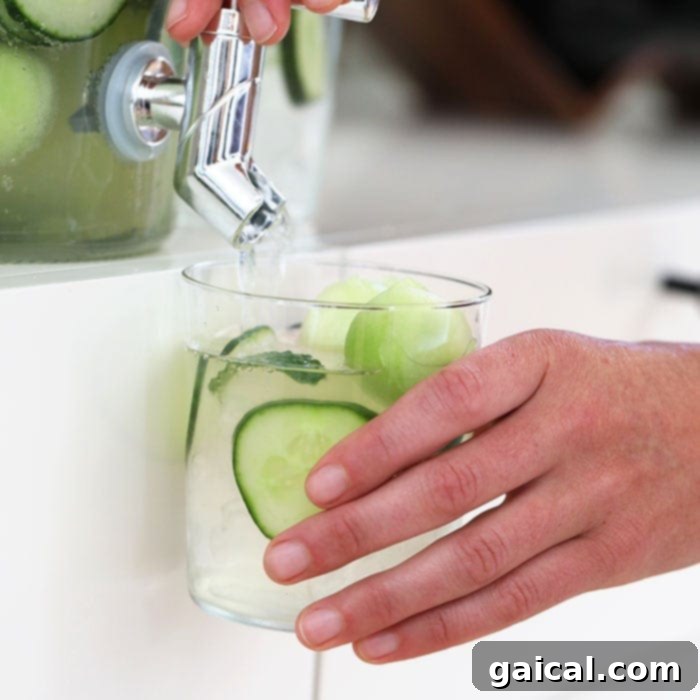 Looking for a large-batch cocktail recipe? Make this delicious Cucumber Melon Ginger Punch recipe made with fresh honeydew, cucumber, organic vodka, and ginger beer! A large batch of refreshing Cucumber Melon Ginger Punch in a glass dispenser, garnished with cucumber slices and mint.