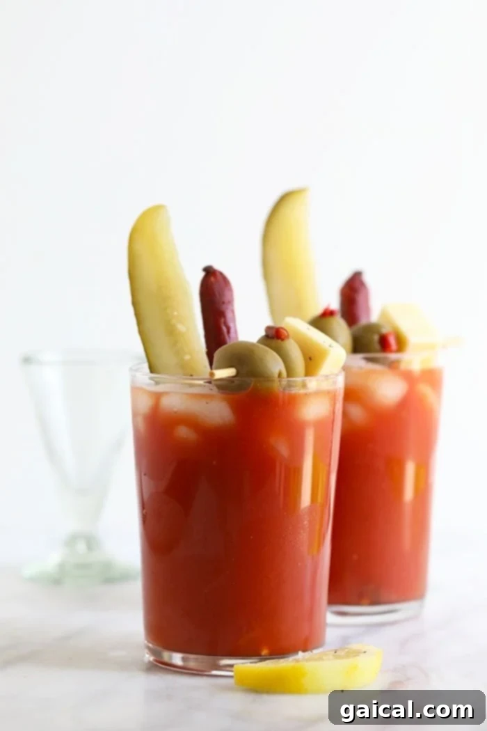 Bloody Mary in a glass garnished with pickles, olives, and cheese