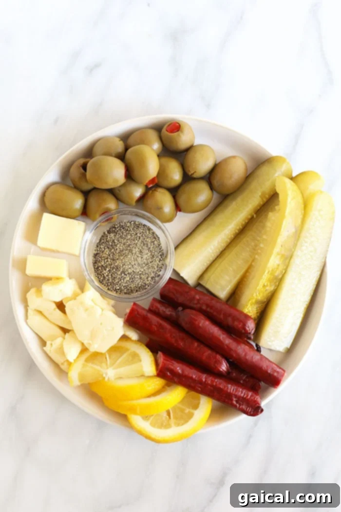 A selection of fresh ingredients and garnishes for a Bloody Mary recipe