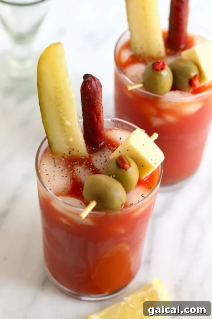 Beautifully garnished Bloody Mary in a tall glass