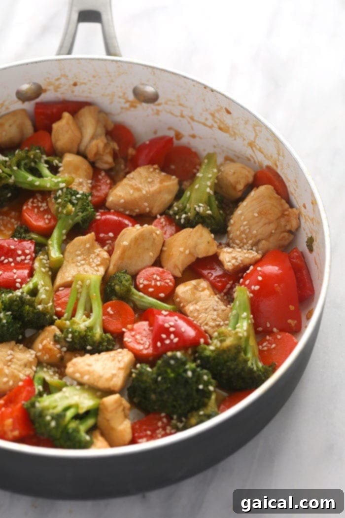 Finished chicken teriyaki stir fry in a pan