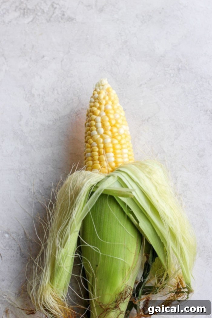 For the best results, use fresh corn when making this easy Mexican Street Corn Salad. Close-up of a half-shucked ear of fresh corn on the cob, showing vibrant yellow kernels.